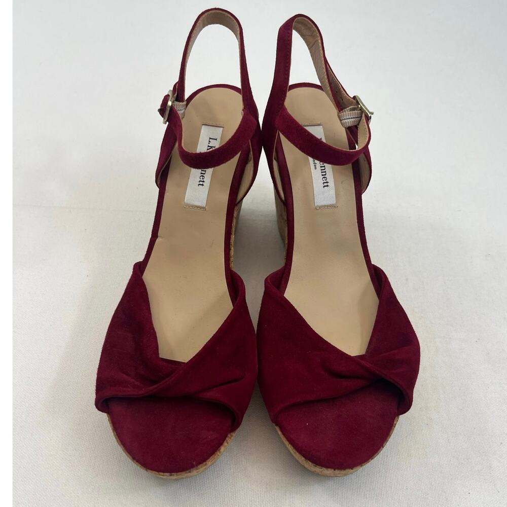 L.K. Bennett Red Suede Cork Wedge Sandals Open Toe‎ Size EU 40 US 9 Coastal Chic